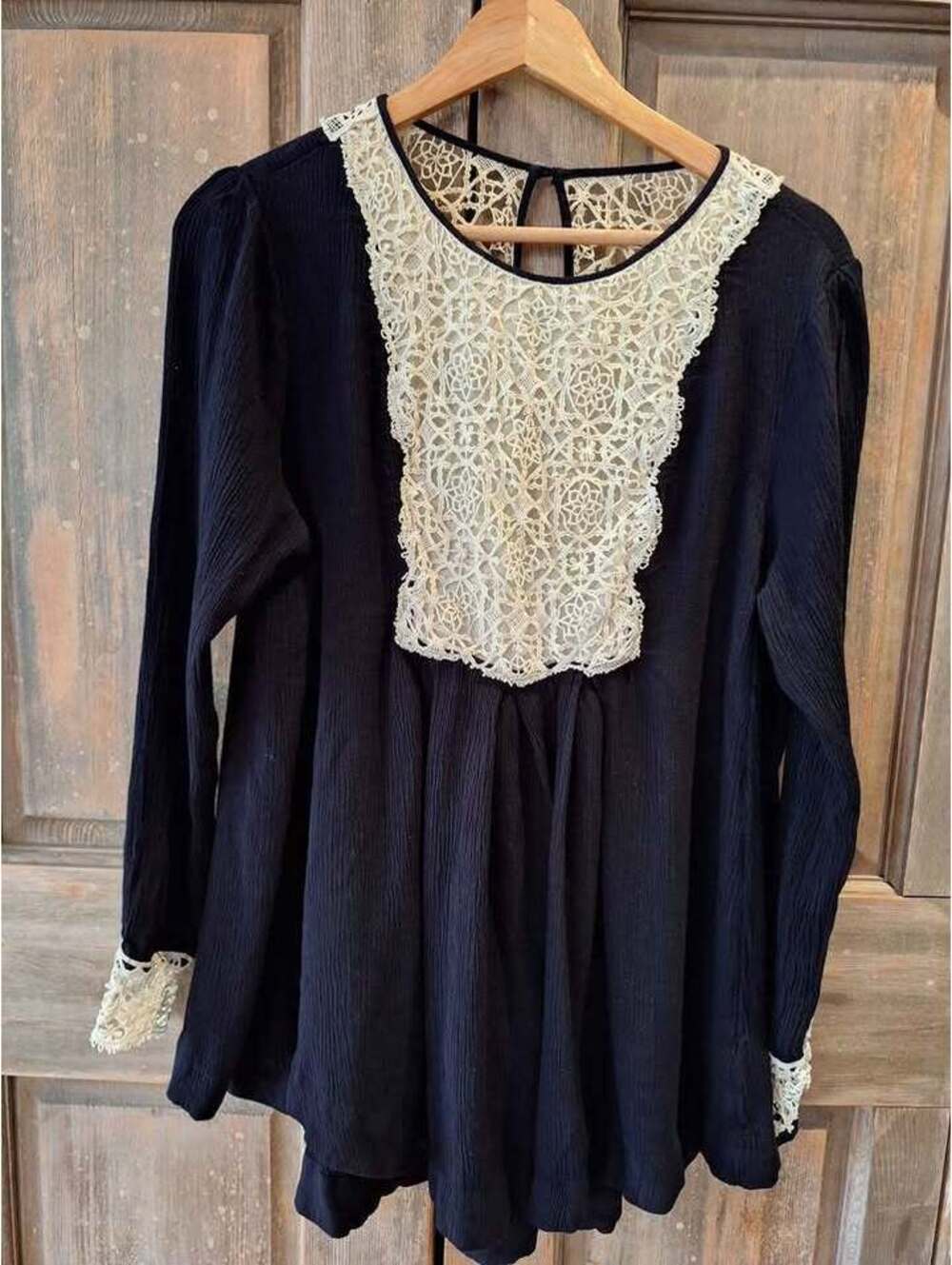 Free People blouse, peasant, bib shirt, crotcheted. Black w creamy white. M/ L.